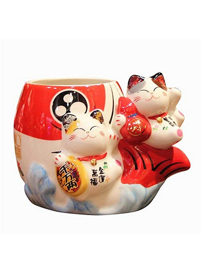 EatingBiting Fortune Japanese Lucky Beckoning Cats Maneki Neko Flower Pot Vase Pen Holder,Pair Cat Set on Fish,Ceramic Pencil Holder for Organizer Cooking Utensil Holder Cactus Pot - Image 2