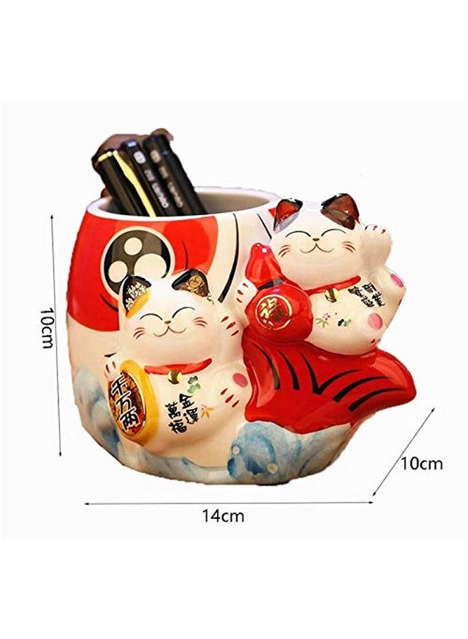 EatingBiting Fortune Japanese Lucky Beckoning Cats Maneki Neko Flower Pot Vase Pen Holder,Pair Cat Set on Fish,Ceramic Pencil Holder for Organizer Cooking Utensil Holder Cactus Pot - Image 3