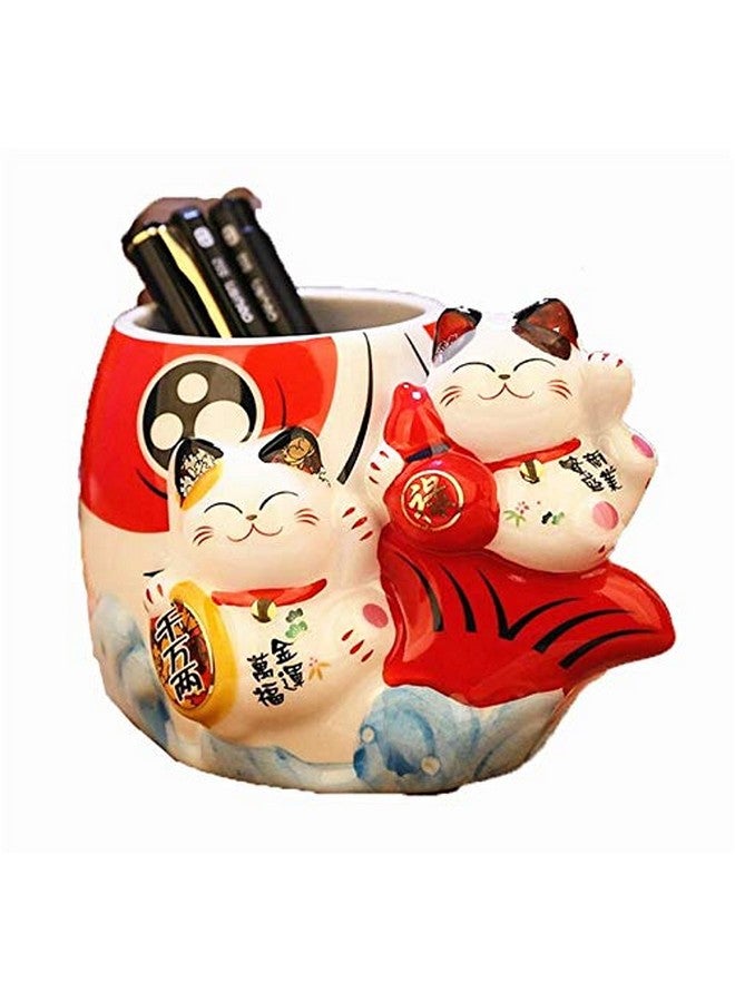 EatingBiting Fortune Japanese Lucky Beckoning Cats Maneki Neko Flower Pot Vase Pen Holder,Pair Cat Set on Fish,Ceramic Pencil Holder for Organizer Cooking Utensil Holder Cactus Pot - Image 1