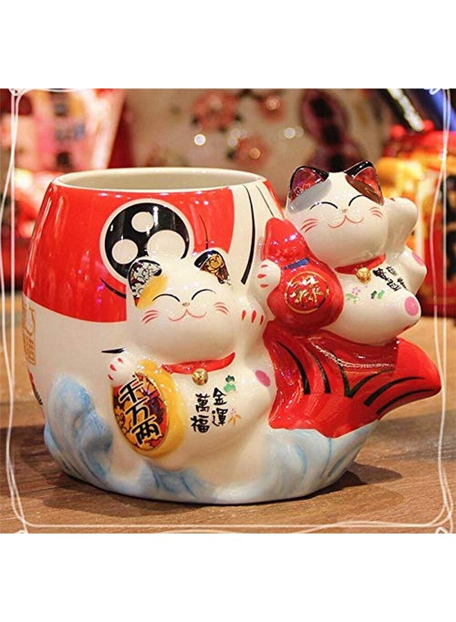 EatingBiting Fortune Japanese Lucky Beckoning Cats Maneki Neko Flower Pot Vase Pen Holder,Pair Cat Set on Fish,Ceramic Pencil Holder for Organizer Cooking Utensil Holder Cactus Pot - Image 4