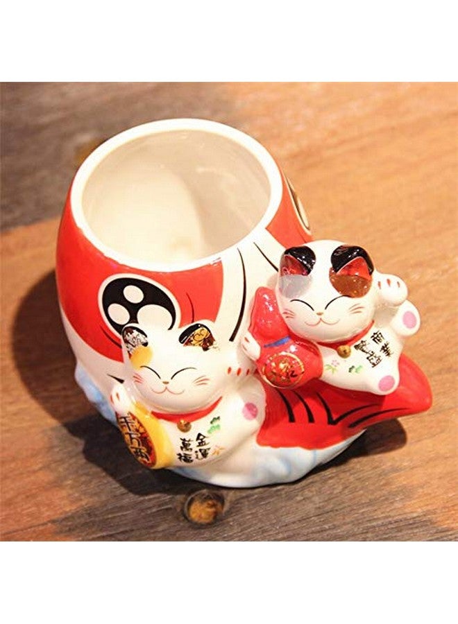 EatingBiting Fortune Japanese Lucky Beckoning Cats Maneki Neko Flower Pot Vase Pen Holder,Pair Cat Set on Fish,Ceramic Pencil Holder for Organizer Cooking Utensil Holder Cactus Pot - Image 5
