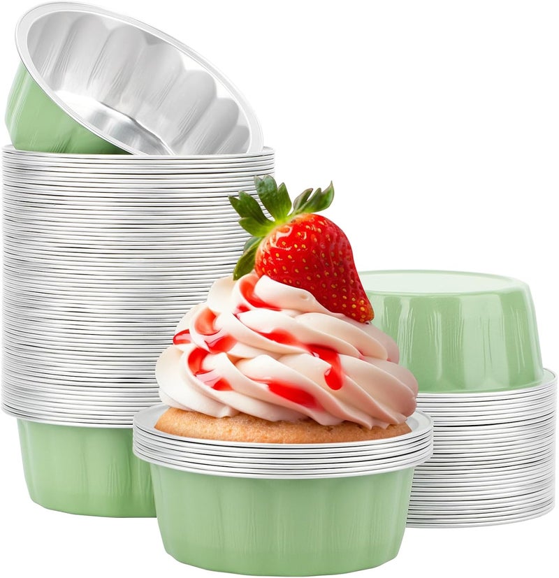 Beasea 8oz Aluminum Ramekins, 100 Pack 3.9" Disposable Baking Foil Cups Mini Ramekin Cup Cupcake Aluminum Baking Cups for Party - Pea Green - Image 1