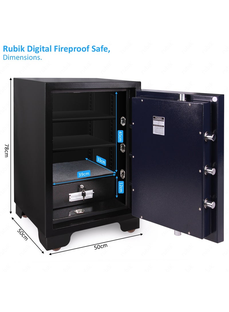 Rubik Fireproof Safe Box Large 150kg, Digital & Key Lock Operated, 2 Hours Fire Rated Safety Locker, RBDF-780 (Black/Blue) - Image 5
