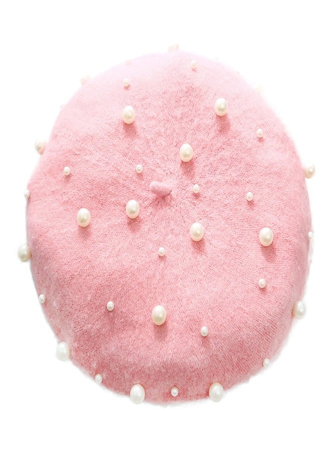 ZARSIO Women Beret Pearl Elegant Sweet Artist French Style Beret Beanie Cap (Pink) - Image 1
