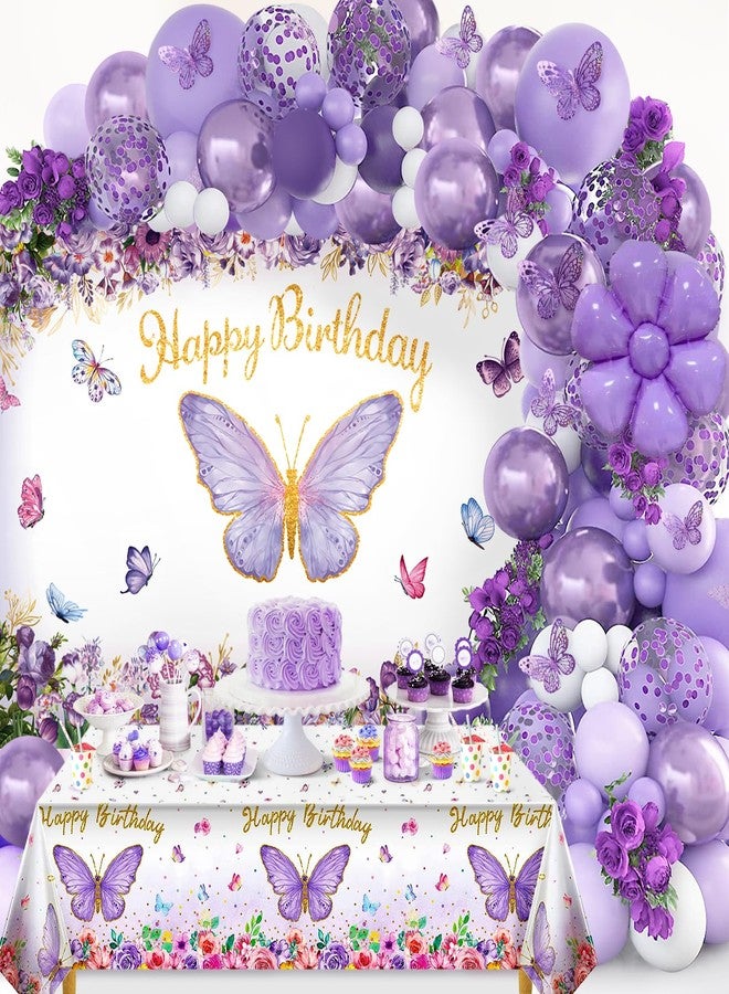 7CDXD Butterfly Party Decorations, Girls Birthday Themes Decorations with Purple Balloon Arch Kit Butterfly Photography Backdrop Banner and Tablecloth for Girls Women Butterfly Birthday Decor - Image 1