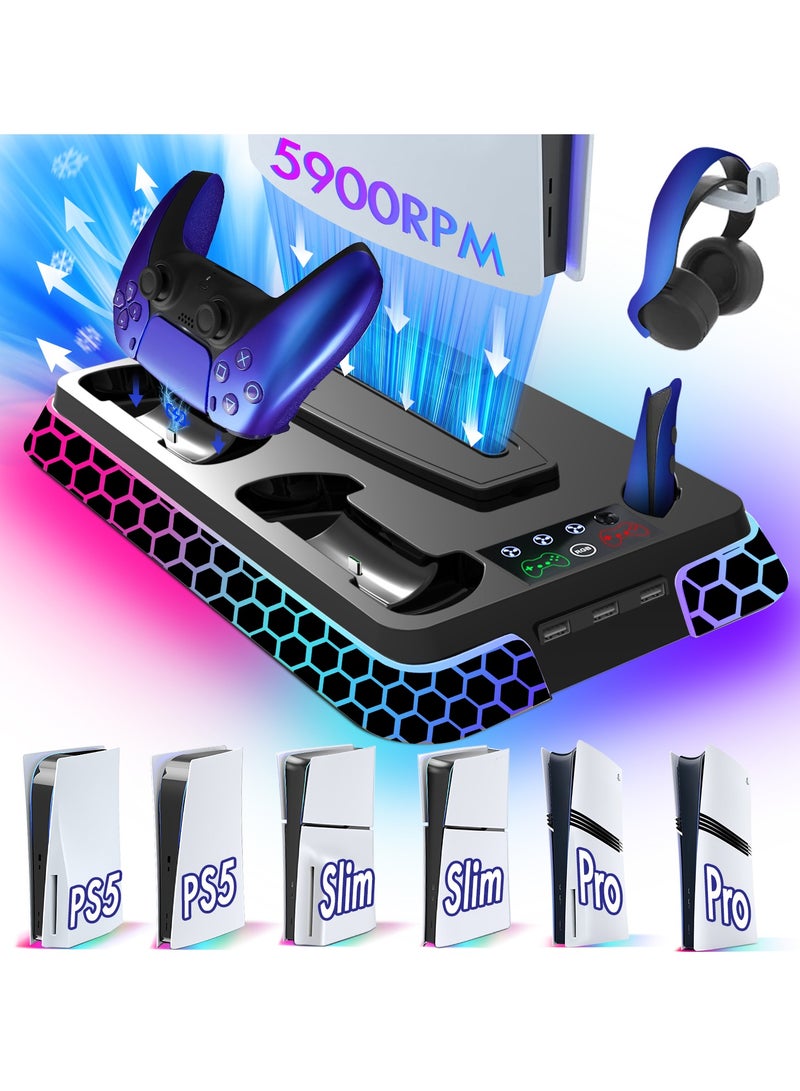 PS5/Pro/Slim Cooling Station with RGB Lights, PS5 Stand Accessories with Silent 3-Level Cooling Fans, Dual Controller Charger and 3 USB Hubs  - Image 1