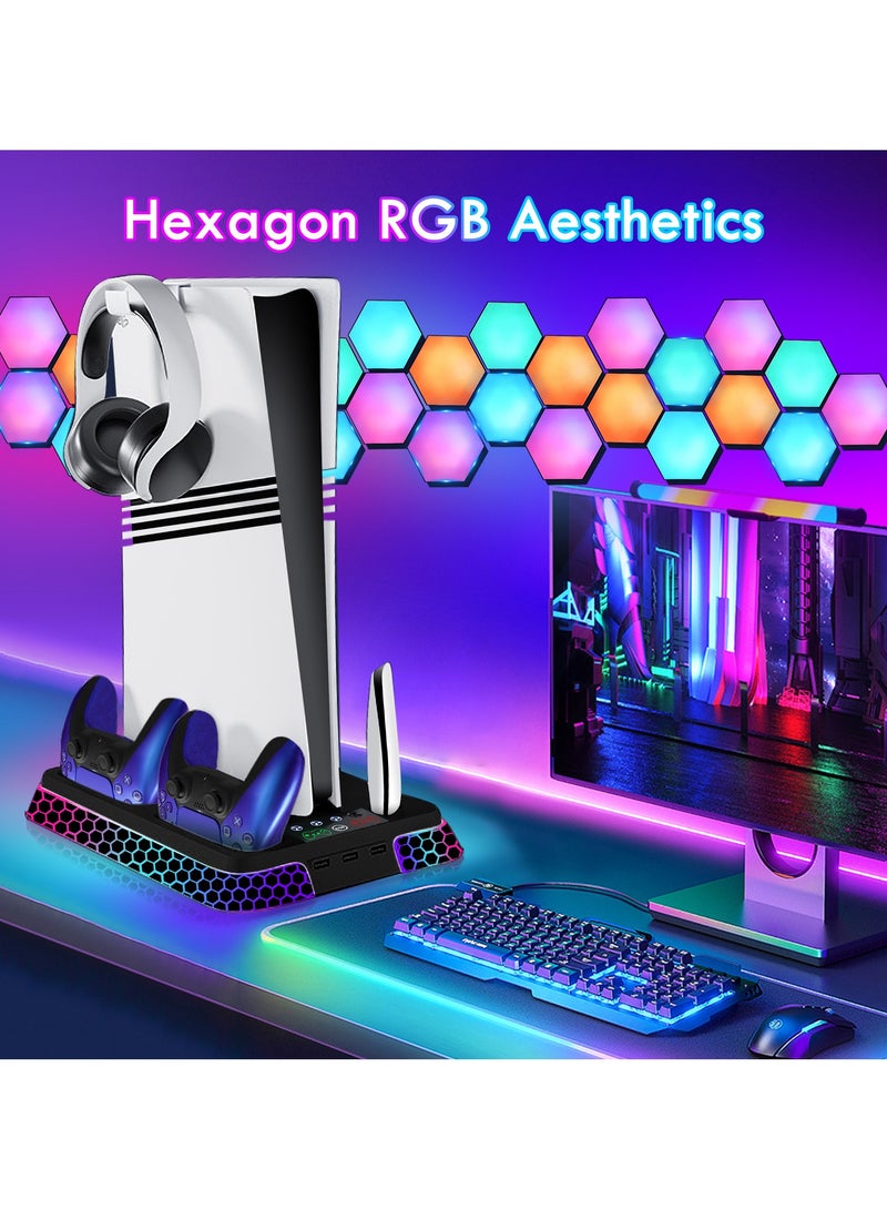 PS5/Pro/Slim Cooling Station with RGB Lights, PS5 Stand Accessories with Silent 3-Level Cooling Fans, Dual Controller Charger and 3 USB Hubs  - Image 2
