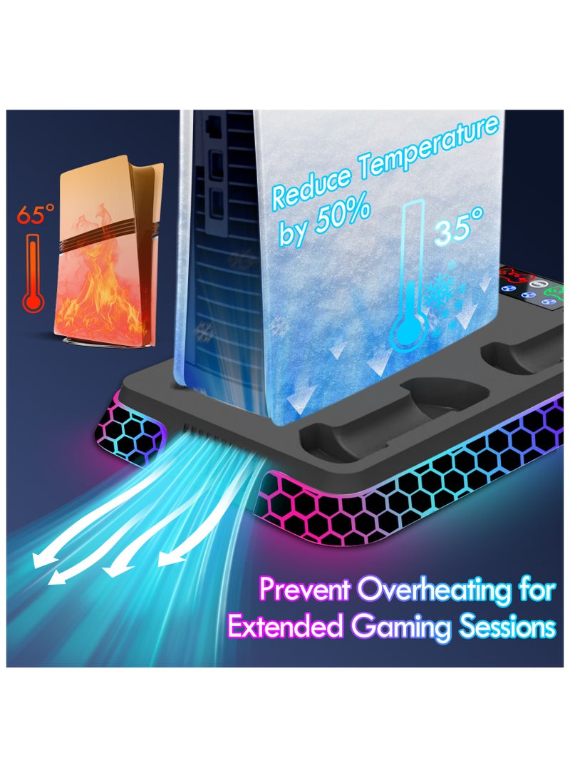 PS5/Pro/Slim Cooling Station with RGB Lights, PS5 Stand Accessories with Silent 3-Level Cooling Fans, Dual Controller Charger and 3 USB Hubs  - Image 3