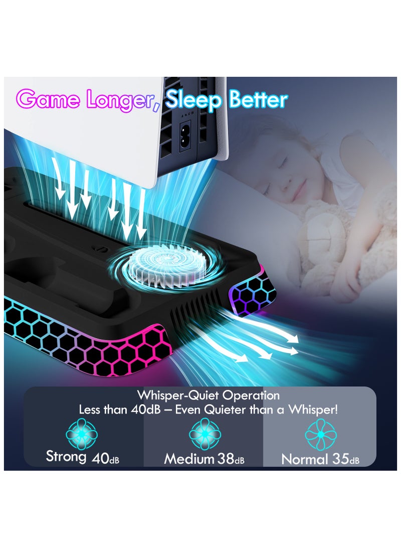 PS5/Pro/Slim Cooling Station with RGB Lights, PS5 Stand Accessories with Silent 3-Level Cooling Fans, Dual Controller Charger and 3 USB Hubs  - Image 4