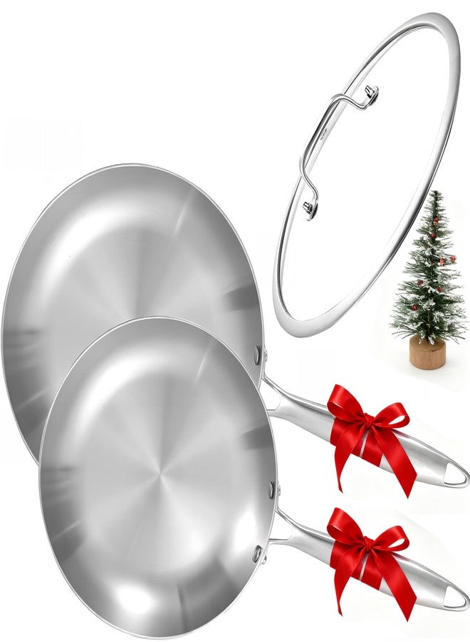 LOLYKITCH طقم مقلاة من الفولاذ المقاوم للصدأ ثلاثي الطبقات من LOLYKITCH، مقاس 8.5-10 بوصة، مع غطاء، مناسب للطهي على المواقد الحثية، آمن للاستخدام في غسالة الصحون والفرن - Image 1