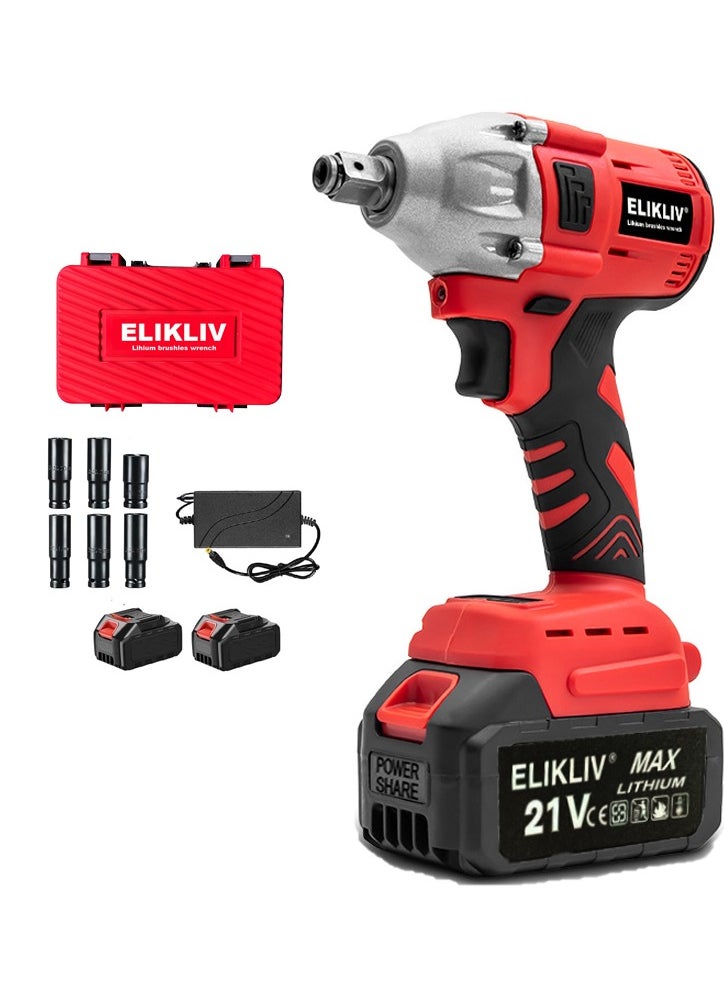 ELIKLIV 600N.m Cordless Impact Wrench,  Electric Impact Gun, High Torque Brushless Impact Wrench w/ 2x 4.0Ah Battery, Fast Charger & 5 Sockets for Car Lawn Mower 