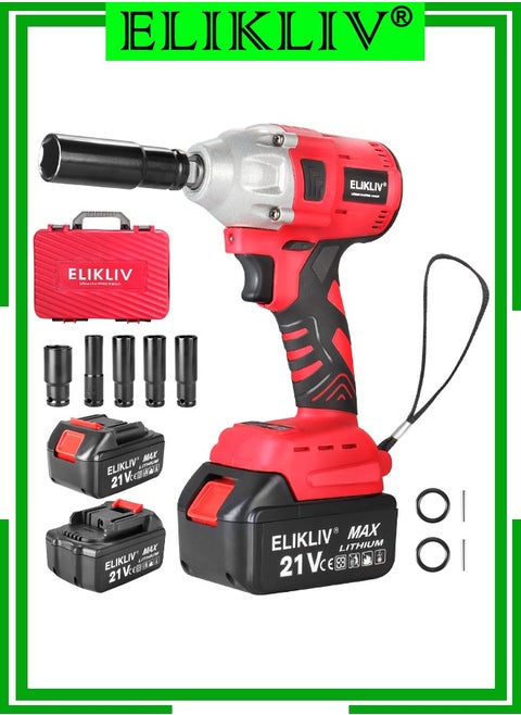 ELIKLIV 600N.m Cordless Impact Wrench,  Electric Impact Gun, High Torque Brushless Impact Wrench w/ 2x 4.0Ah Battery, Fast Charger & 5 Sockets for Car Lawn Mower