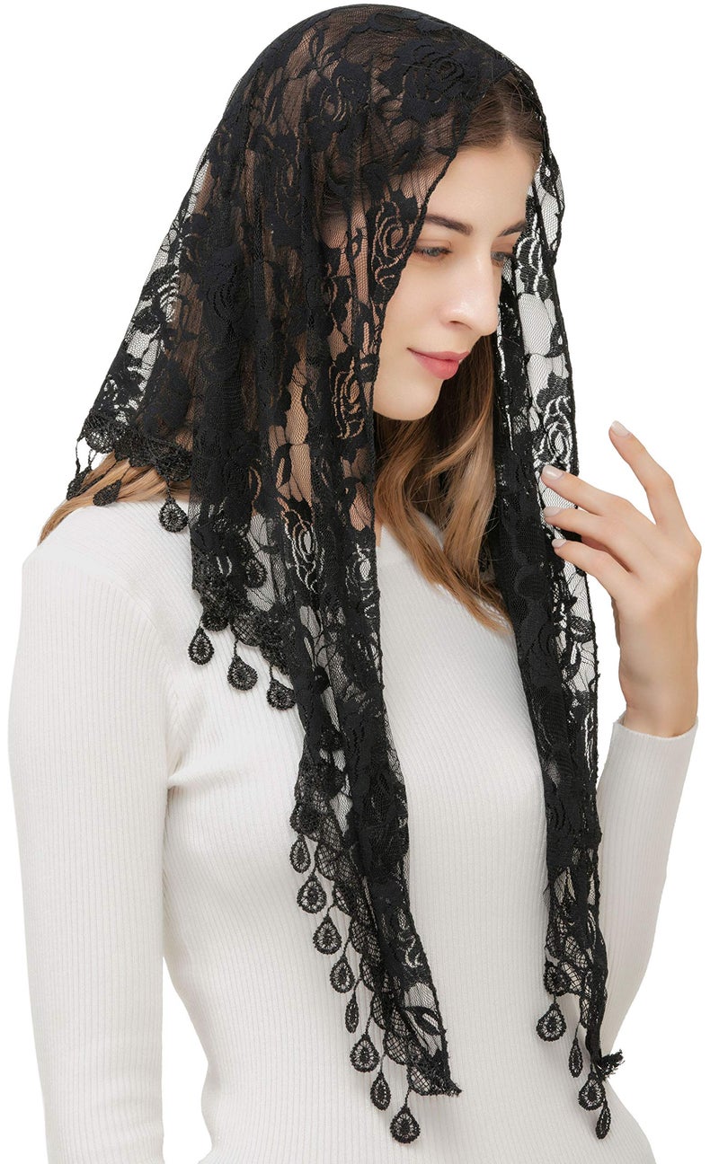 PAMOR Mass Veil Triangle Mantilla Cathedral Head Covering Chapel Veil Lace Shawl Latin Scarf (Black) - Image 2