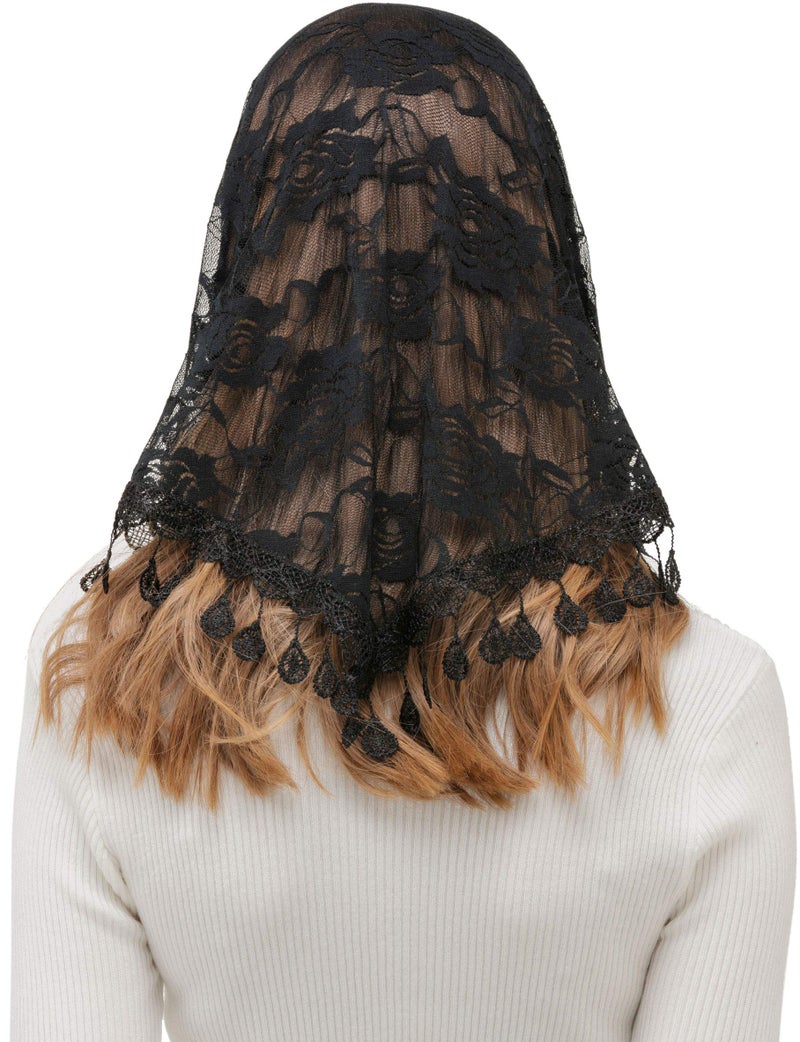 PAMOR Mass Veil Triangle Mantilla Cathedral Head Covering Chapel Veil Lace Shawl Latin Scarf (Black) - Image 4