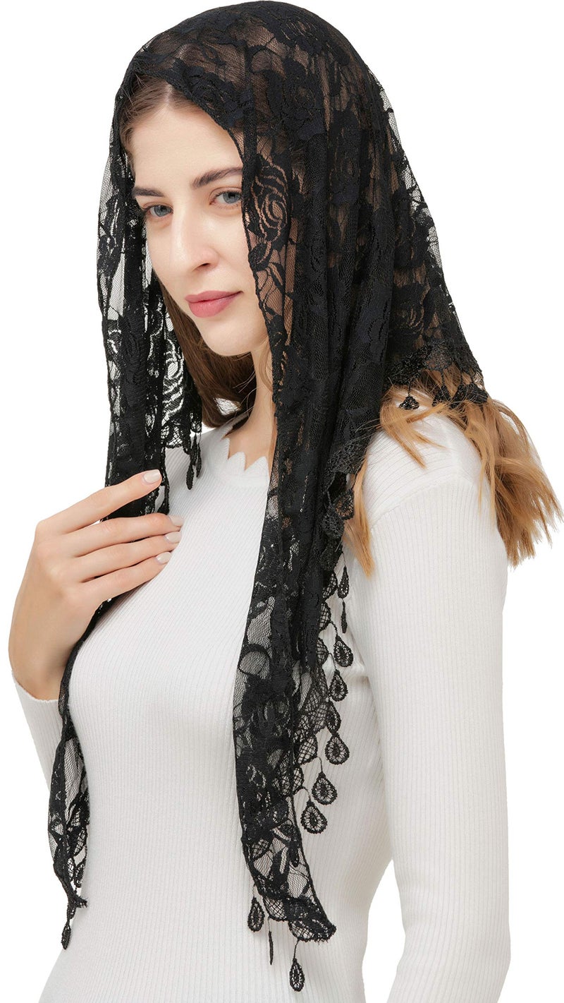 PAMOR Mass Veil Triangle Mantilla Cathedral Head Covering Chapel Veil Lace Shawl Latin Scarf (Black) - Image 3