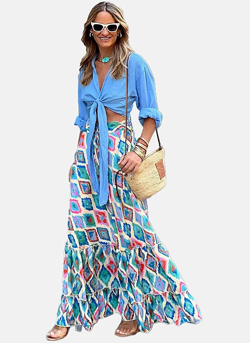 YUNIQEE Blue Fit & Flare Printed Maxi Skirt