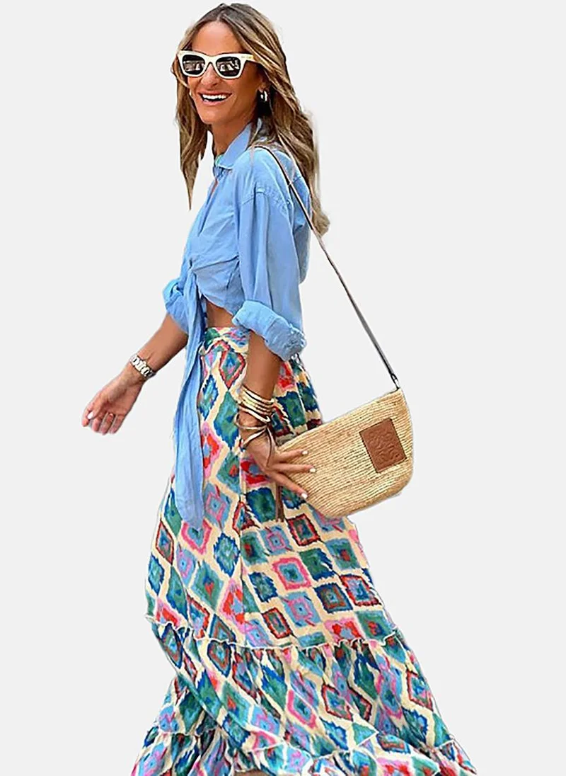YUNIQEE Blue Fit & Flare Printed Maxi Skirt