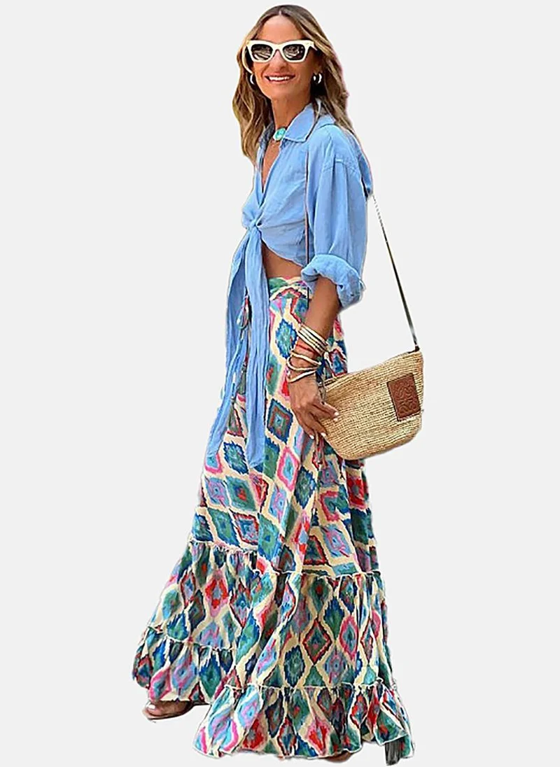 YUNIQEE Blue Fit & Flare Printed Maxi Skirt