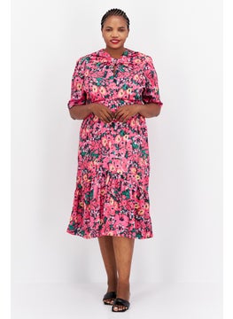Hope & Ivy Women All Over Printed Casual Midi Dress, Pink Combo  - Image 1