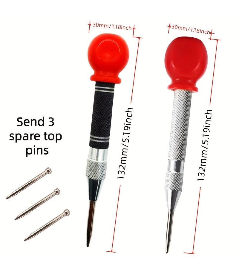Large Handle Spring Loaded Automatic Center Punch 1pc Silvery Red Plus 3 Thimbles - Image 2