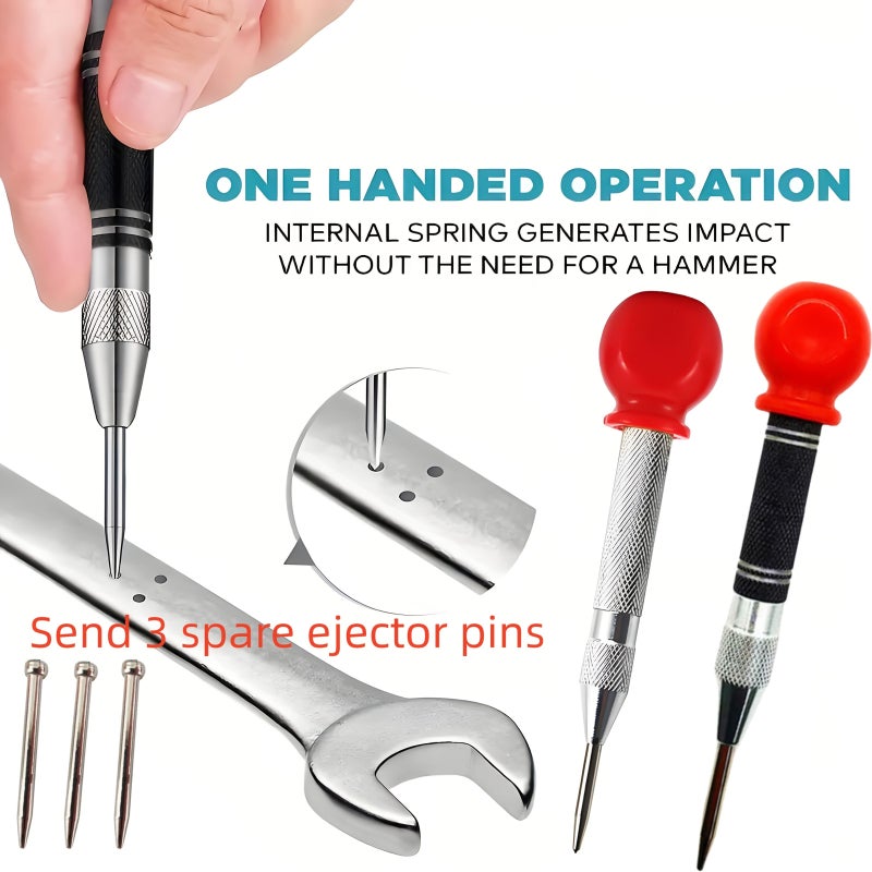 Large Handle Spring Loaded Automatic Center Punch 1pc Silvery Red Plus 3 Thimbles - Image 1
