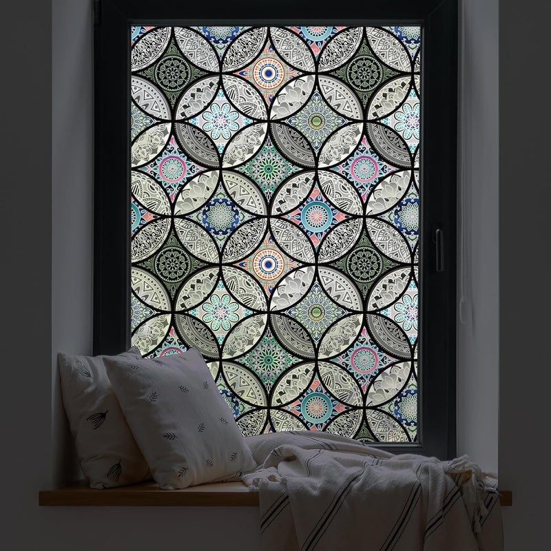 DKTIE Decorative Film Stained Glass Window Film Privacy Film Frosted Glass Film Circles Static Adhesive Privacy Window Sticker (Black, 60 x 200 cm) - Image 1