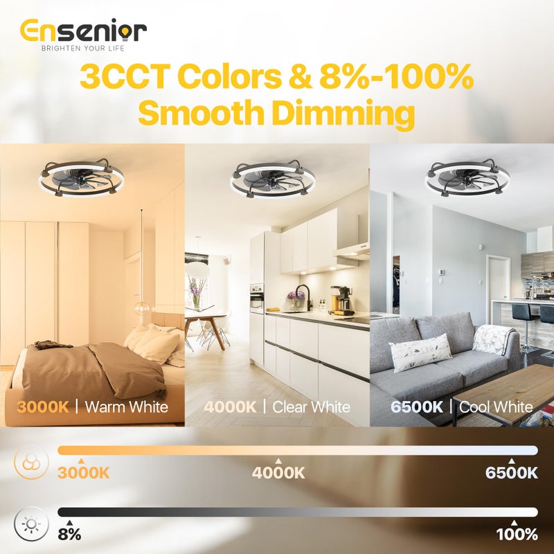 Ensenior 24'' Low Profile Ceiling Fans with Lights and Remote, Fandelier Ceiling Fan Flush Mount, APP Control, 6 Speed & 3000K-6500K Stepless Dimmable Small Ceiling Fan with Light for Bedroom - Black - Image 5