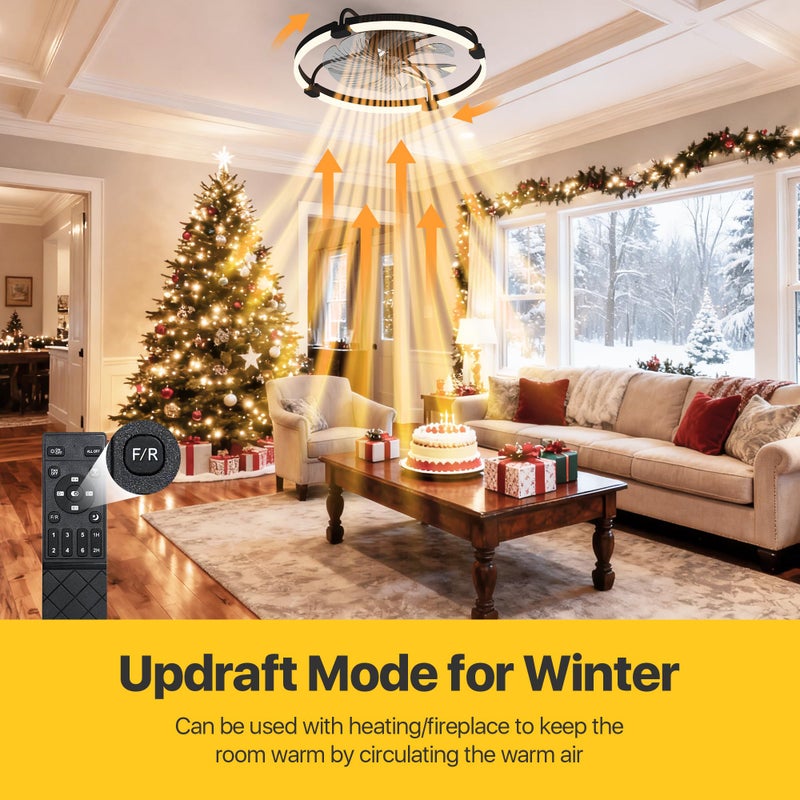 Ensenior 24'' Low Profile Ceiling Fans with Lights and Remote, Fandelier Ceiling Fan Flush Mount, APP Control, 6 Speed & 3000K-6500K Stepless Dimmable Small Ceiling Fan with Light for Bedroom - Black - Image 2