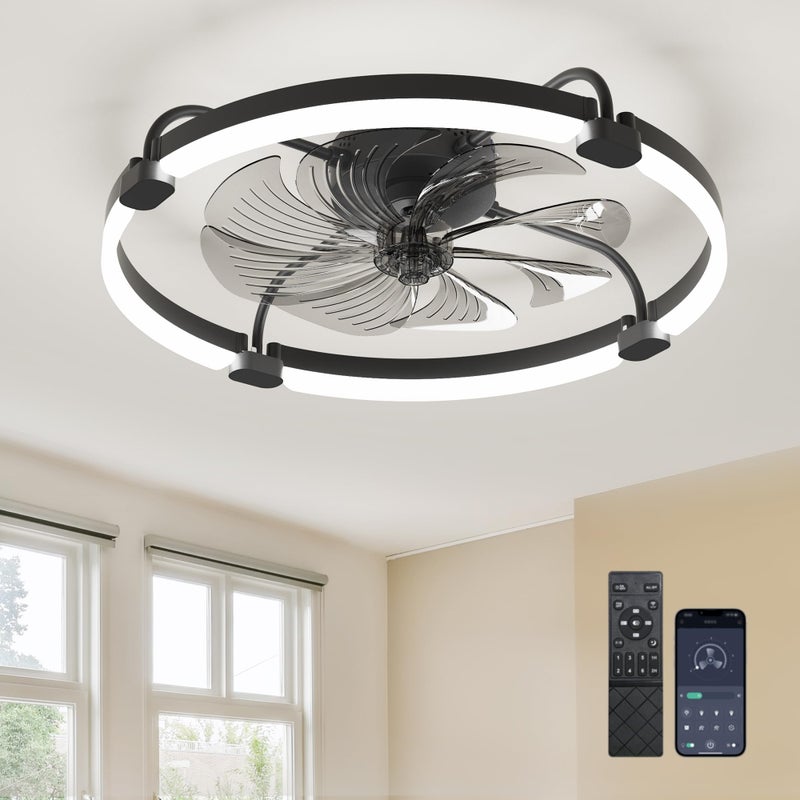 Ensenior 24'' Low Profile Ceiling Fans with Lights and Remote, Fandelier Ceiling Fan Flush Mount, APP Control, 6 Speed & 3000K-6500K Stepless Dimmable Small Ceiling Fan with Light for Bedroom - Black - Image 1