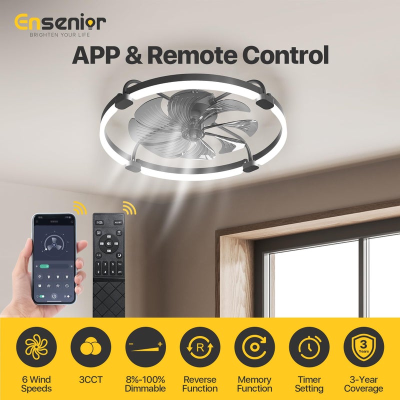Ensenior 24'' Low Profile Ceiling Fans with Lights and Remote, Fandelier Ceiling Fan Flush Mount, APP Control, 6 Speed & 3000K-6500K Stepless Dimmable Small Ceiling Fan with Light for Bedroom - Black - Image 3