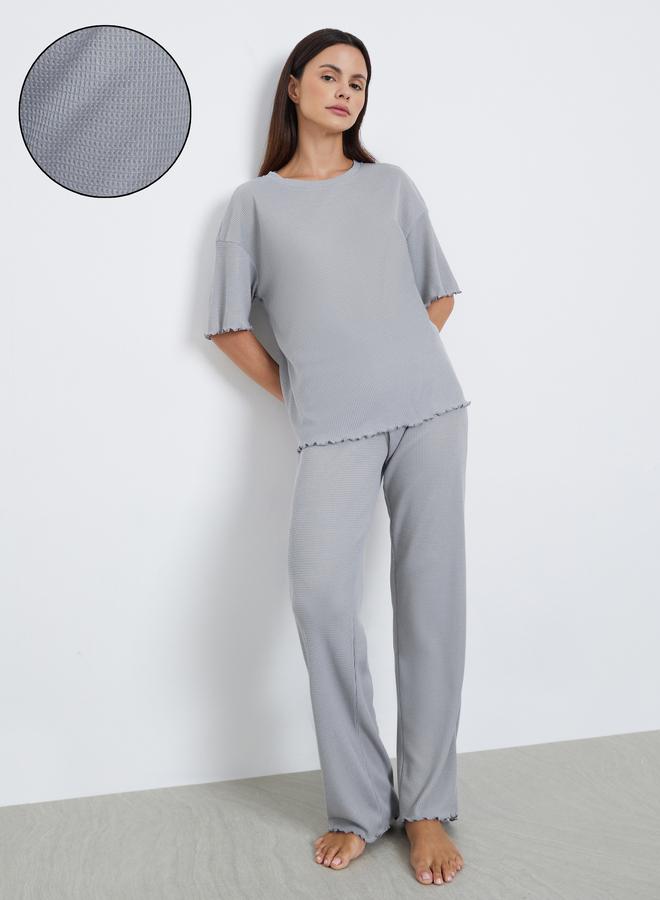 Styli Waffle Knit Lettuce Hem Drop Shoulder T-Shirt and Pyjama Set - Image 1