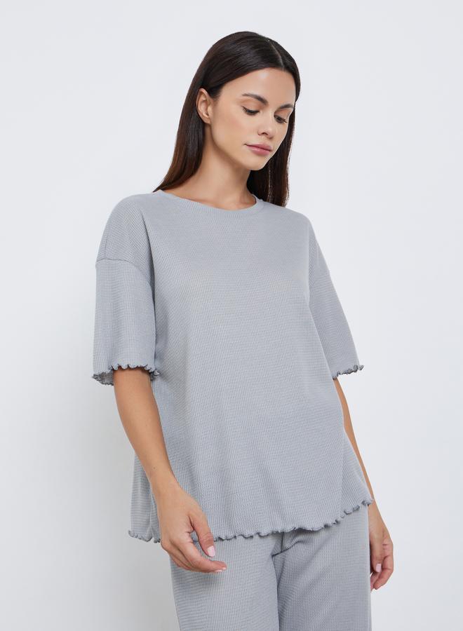 Styli Waffle Knit Lettuce Hem Drop Shoulder T-Shirt and Pyjama Set - Image 2