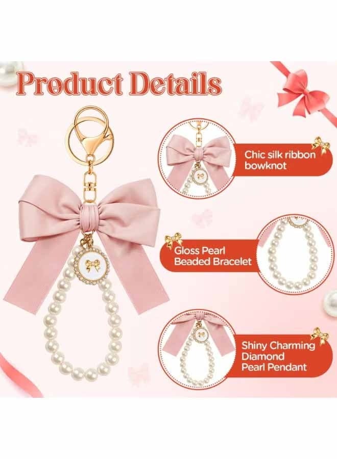 واي جيه 2 قطع من سلسلة مفاتيح ذات قوس وردي للنساء، حلقة مفاتيح معصمية باللؤلؤة، حقيبة حقيبة يدوية لمفاتيح السيارة، ملحقات حقيبة لطيفة ساحرة، حقيبة مفاتيح أنيقة للحفظ، حقيبة يد، حقيبة ظهر، هدية مثالية للفتيات (وردية فاتحة) - Image 2