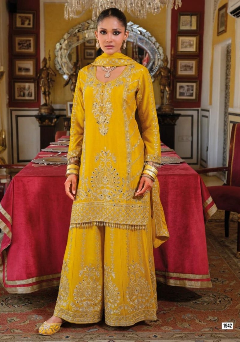 ANAITA Yellow Chinon Free Size Stitched Suit with Embroidery Work - Image 1