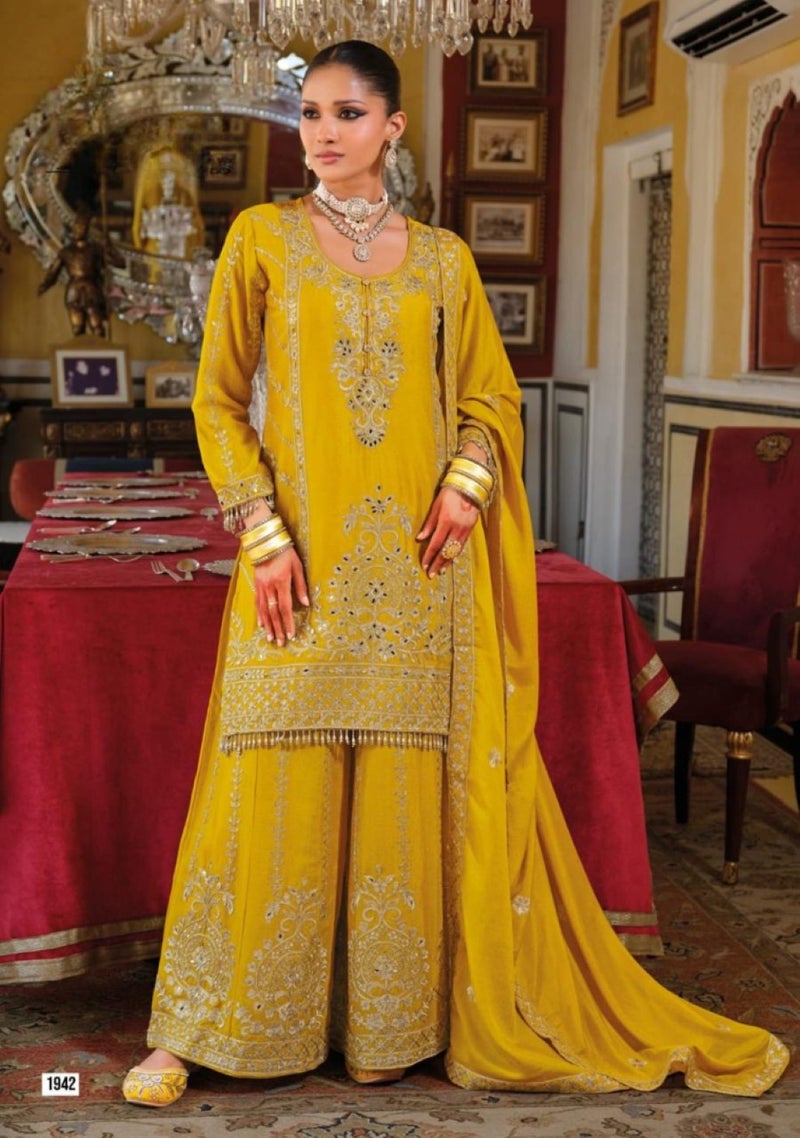 ANAITA Yellow Chinon Free Size Stitched Suit with Embroidery Work - Image 3