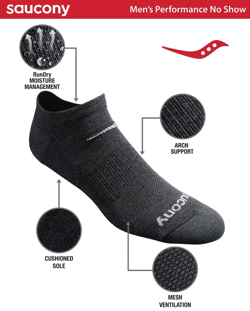 Saucony Men's RunDry Mesh Ventilating Comfort Fit Performance No-Show Socks, Available in M-XXL (6, 12, 18, Charcoal Heather (6 Pairs), X-Large - Image 2