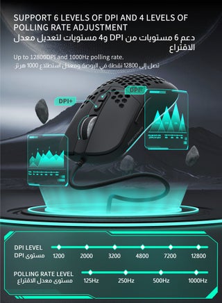 تصميم قرص العسل ماوس الألعاب القابل لبرمجة الماكرو، DPI قابل للتعديل من 1 إلى 12800، وزن خفيف جرام، إضاءة RGB بـ 16.8 مليون لون، 7 أزرار قابلة للبرمجة، دعم الماكرو، تصميم مريح، عمر نقر يصل إلى 30 مليون نقرة، سرعة تتبع 120LPS، كابل مضفر بطول 1.5 متر، متوافق مع أجهزة PC و Mac، ماوس الألعاب الإلكتروني الرياضي، اللون: أسود. - view 4
