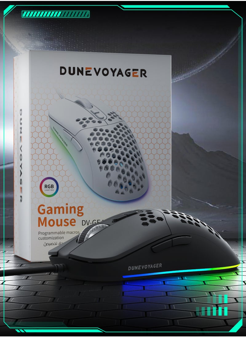 DuneVoyager - Honeycomb Design Macro Programming Gaming Mouse, 1-12800 DPI Adjustable, Lightweight, 16.8 Million RGB Lighting, 7 Programmable Buttons, Macro Support, Ergonomic Design, 30 Million Click Lifespan, 120LPS Tracking Speed, 1.5 Braided Cable Meter,For PC and Mac E-Sports Gaming Mouse,  black - Image 1