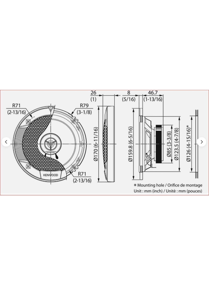 كينوود مكبرات صوت سيارة كينوود KFC-S1676EX ثنائية الاتجاه، مقاس 6.5 بوصة، بقوة 330 واط ذروة / 60 واط RMS، صوت نقي وهيكل متين - Image 2