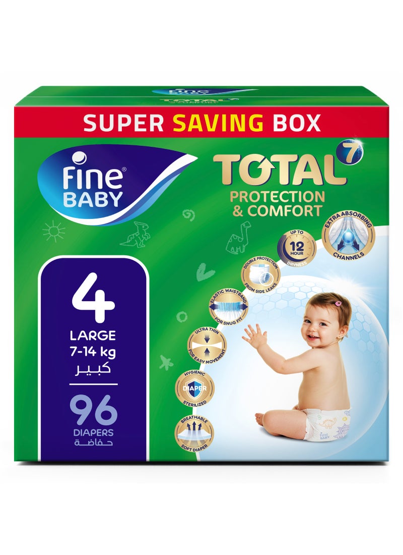 Fine Baby Total 7 Diapers, Size 4 Large (7–14 kg), 96 Count. Superior Protection & Comfort, Extra Absorbent, Improved Formula - Image 1
