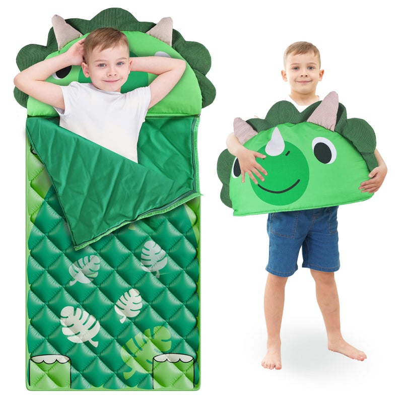 iPlay, iLearn Kid Sleeping Bag, Dinosaur Slumber Sack, Toddler Boy Nap Mat, 2 in 1 Green Dinos Cushion Blanket, Happy Travel Sleepover Daycare Preschool Birthday Gift for 3 4 5 6 Years Old Child - Image 1