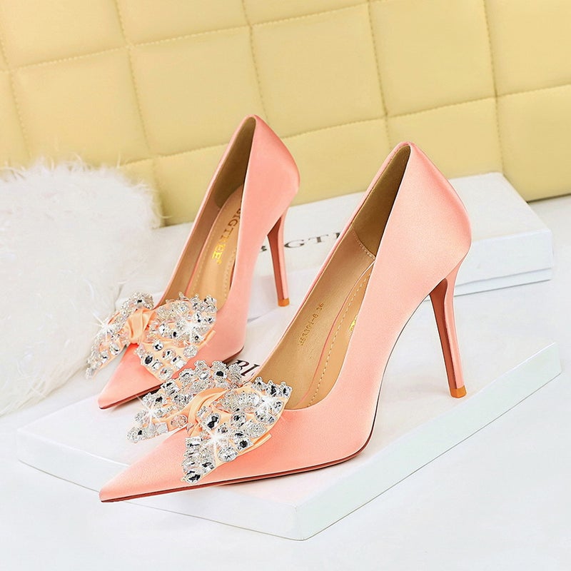 Fashion Banquet High Heels Satin Pointed Toe Diamond Bow Womens Pumps Pink