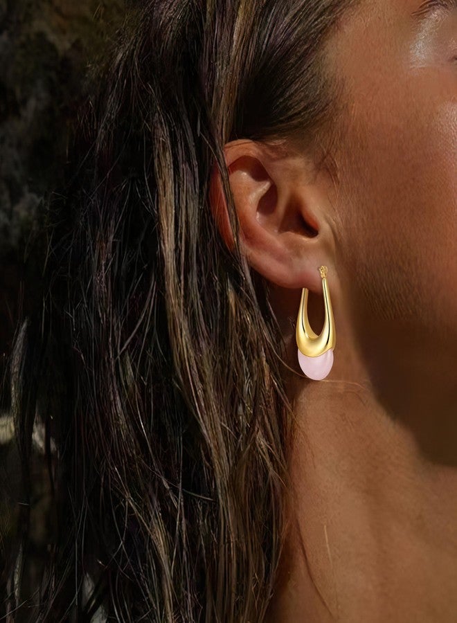 BriLove Chunky U Shape Resin Earrings for Women, Unique Retro Hypoallergenic Trendy Hoop Lightweight Jewelry for Party Daily Wear Accessories Pink Gold-Tone - Image 4
