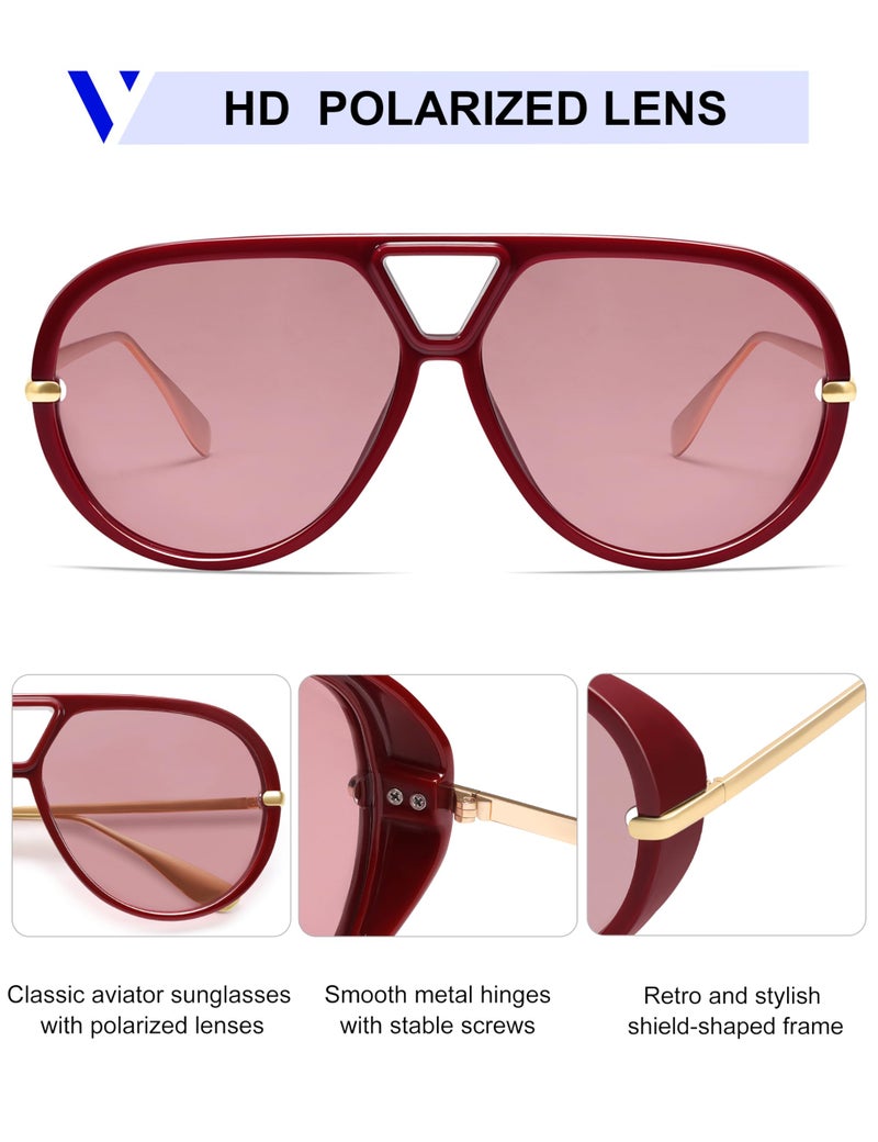 VANLINKER Trendy Polarized Aviator Sunglasses for Women Men Retro Oversized Round Sunglasses Vintage Side Shield Shades VL9798, Wine Red/Light Red - Image 4
