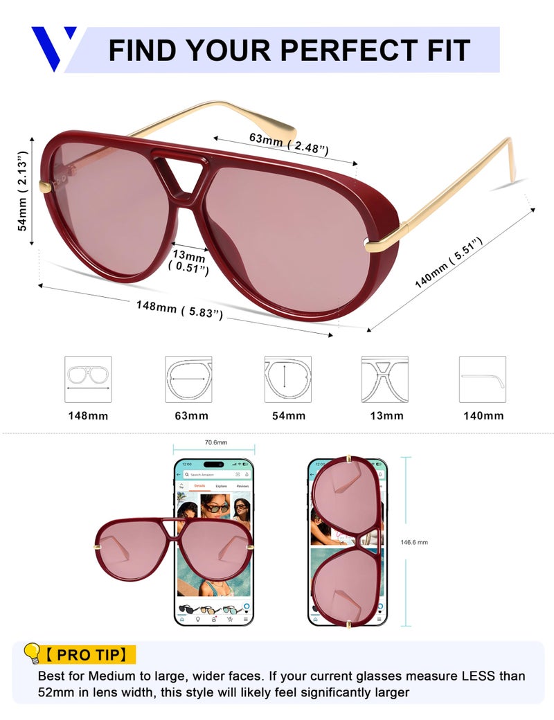 VANLINKER Trendy Polarized Aviator Sunglasses for Women Men Retro Oversized Round Sunglasses Vintage Side Shield Shades VL9798, Wine Red/Light Red - Image 5