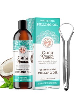 GuruNanda 8 Fl.Oz GuruNanda Oil Pulling with Coconut & Peppermint Oil + Tongue Scraper - Natural, Alcohol-Free Mouthwash for Fresh Breath, Teeth Whitening, and Healthy Teeth & Gums  - Image 1