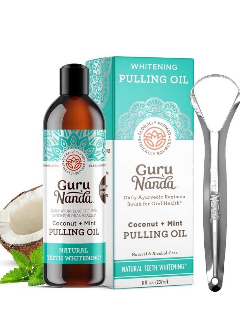GuruNanda - 8 Fl.Oz GuruNanda Oil Pulling with Coconut & Peppermint Oil + Tongue Scraper - Natural, Alcohol-Free Mouthwash for Fresh Breath, Teeth Whitening, and Healthy Teeth & Gums - Image 1