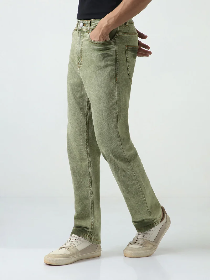 Urbano Fashion Urbano Fashion Men's Light Green Straight Fit Heavy Washed Jeans Stretchable