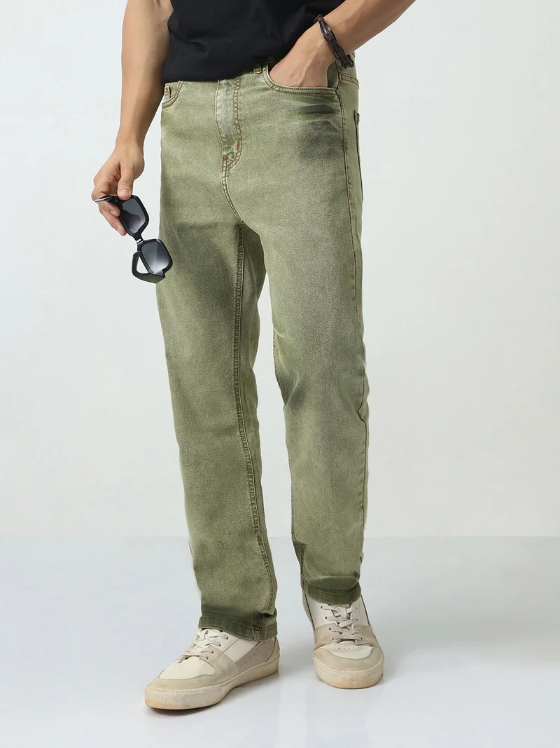 Urbano Fashion Urbano Fashion Men's Light Green Straight Fit Heavy Washed Jeans Stretchable