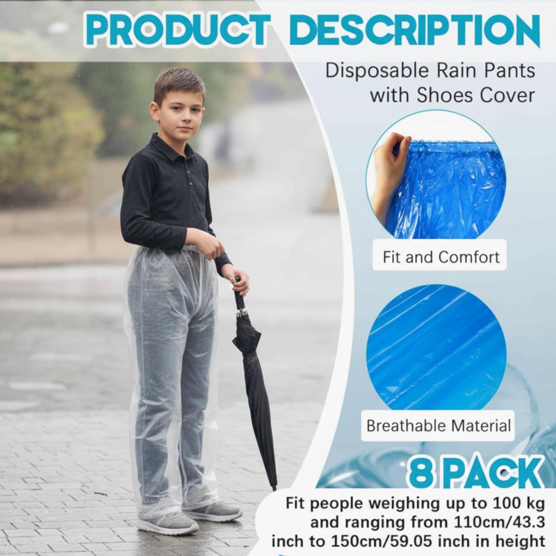 Geyoga 8 Pcs Disposable Rain Pants with Shoe Boot Waterproof Long Pant Boot Covers for Adults Teens Outdoor Cycling Fishing(L,White,Blue) - Image 3